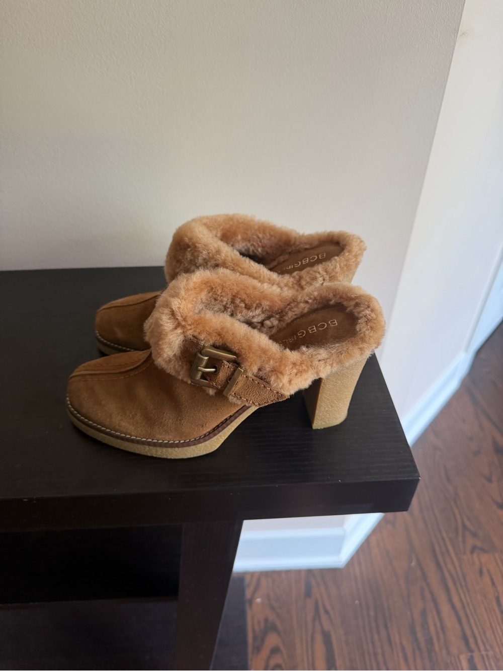 BCBGirls suede heeled mules with a cozy faux shearling trim